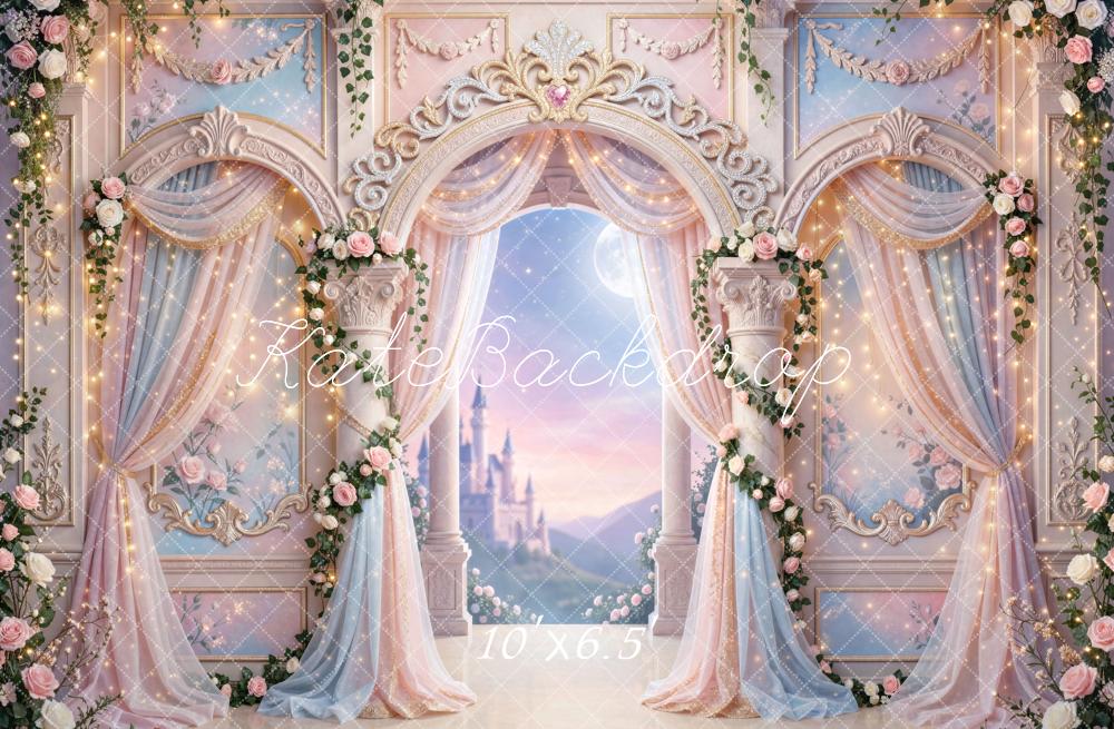 Kate Fairy Fantasy Pink Castle Rose Arch Printed Backdrop Designed by Mini MakeBelieve