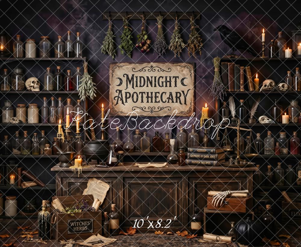 Kate Halloween Apothecary Potion Bottles Cabinet Printed Backdrop Designed by Patty Roberts