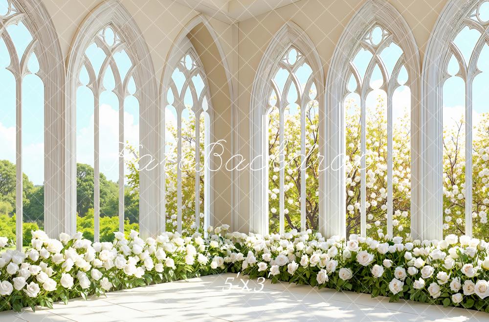 Kate Spring White Roses Gothic Arched Windows Backdrop Designed by Mini MakeBelieve