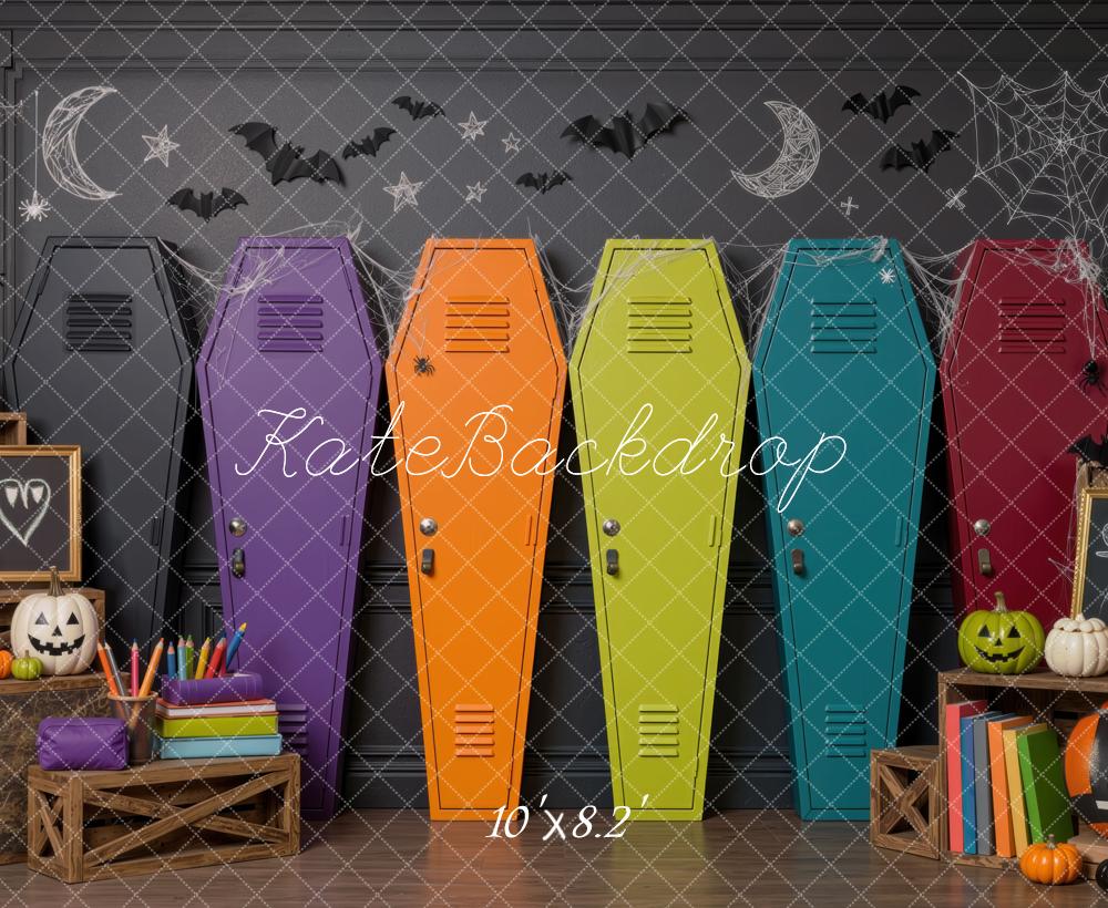 Kate Halloween Colorful Coffin Lockers School Pumpkins Printed Backdrop Designed by Mini MakeBelieve