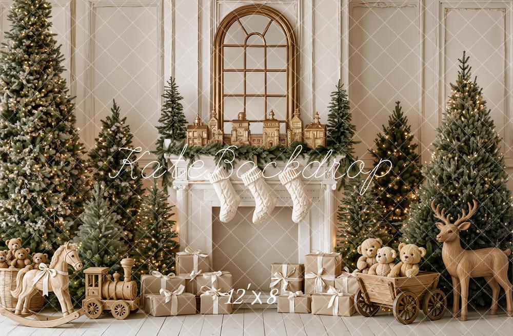 Kate Christmas Fireplace Trees Gifts Wood Reindeer Rocking Horse Printed Backdrop Designed by Emetselch