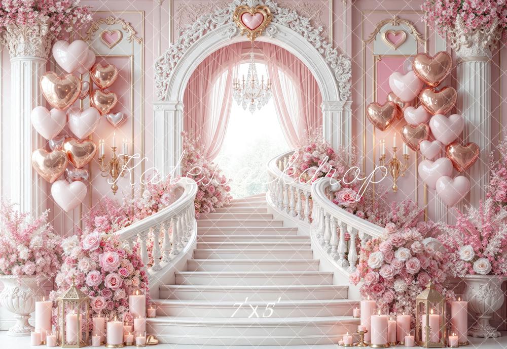 Kate Valentine's Day Staircase Pink Heart Balloon Floral Printed Backdrop Designed by Mini MakeBelieve