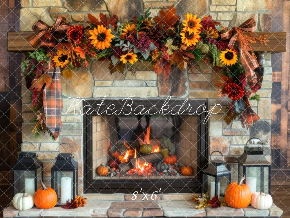 Kate Fall Sunflower Fireplace Brick Wall Backdrop Designed by Mini MakeBelieve