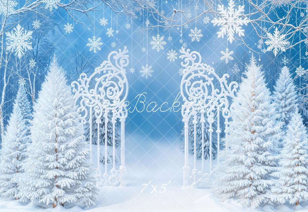 Kate Winter Snowflake White Gate Pine Trees Backdrop Designed by Emetselch