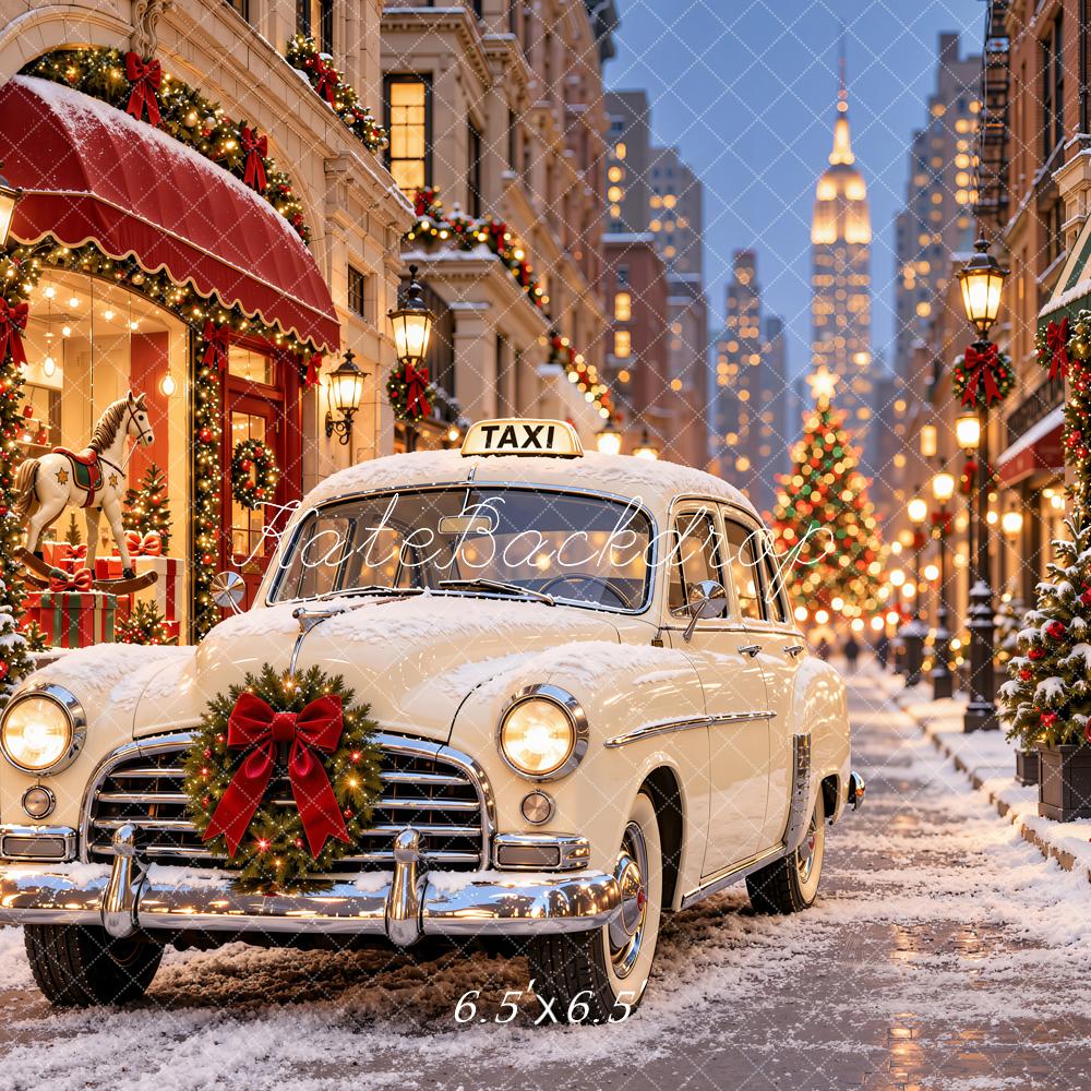 Kate Christmas Vintage Taxi Shop Snowy City Street Printed Backdrop Designed by Emetselch