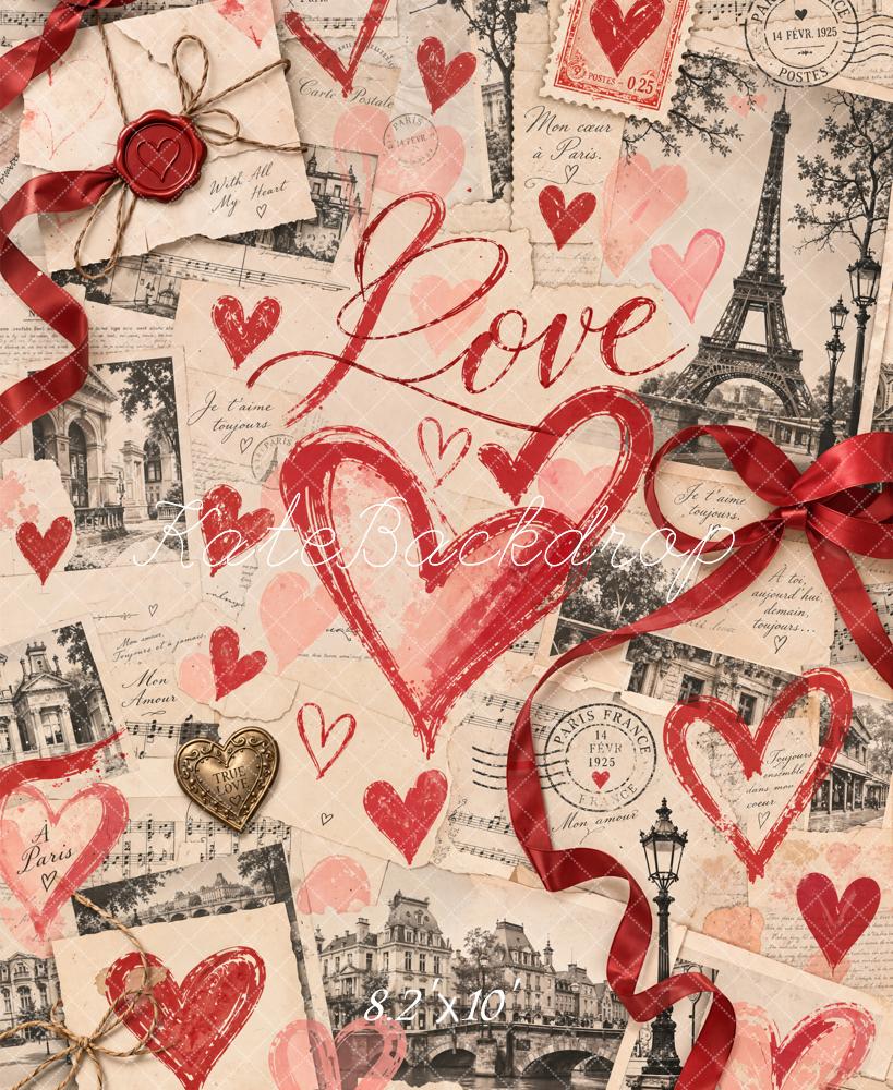 Kate Valentine's Day Newspaper Eiffel Tower Love Hearts Collage Printed Backdrop Designed by Chain Photography