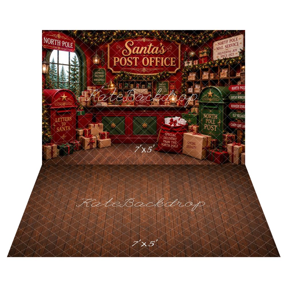 Kate Christmas Santa's Post Office North Pole Gifts Printed Backdrop+Brown Wood Plank Floor Printed Backdrop