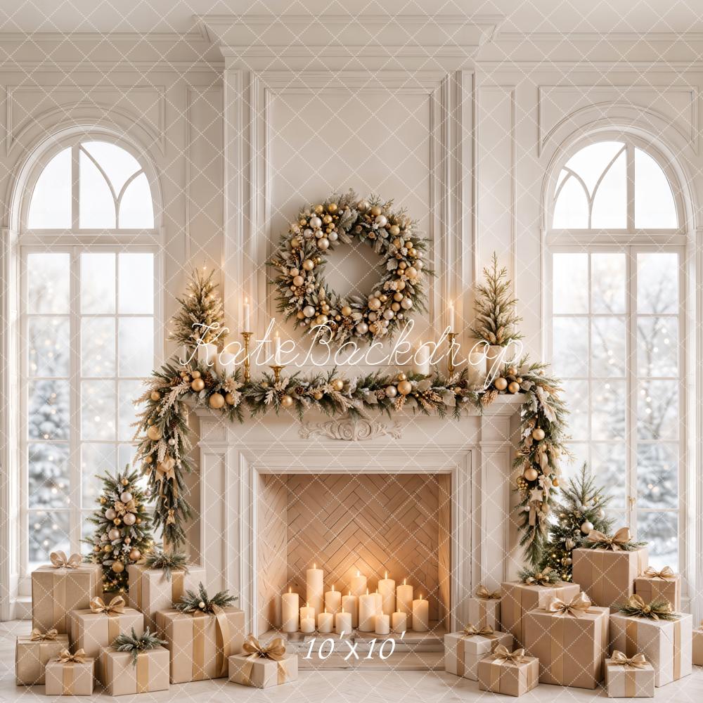 Kate Christmas Fireplace Wreath Garland Gifts White Window Printed Backdrop Designed by Emetselch