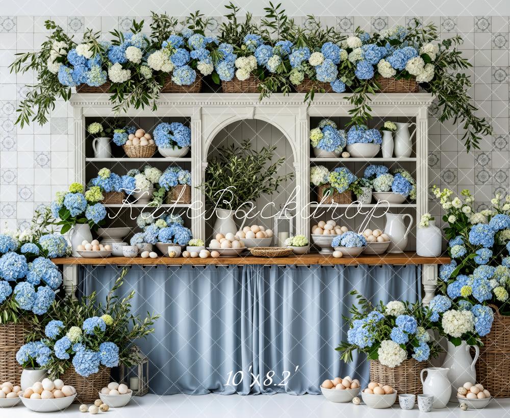 Kate Spring Blue Hydrangea Shelf Cabinet Eggs Kitchen Backdrop Designed by Patty Roberts