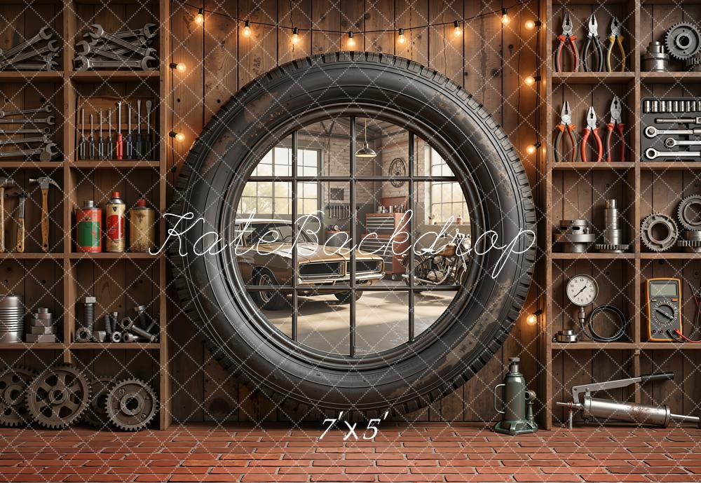 Kate Father's Day Garage Tire Window Tool Shelves Printed Backdrop Designed by Emetselch