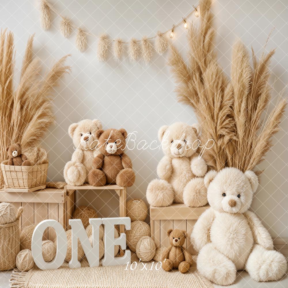 Kate Boho Teddy Bears Pampas Grass Wooden Backdrop Designed by Emetselch