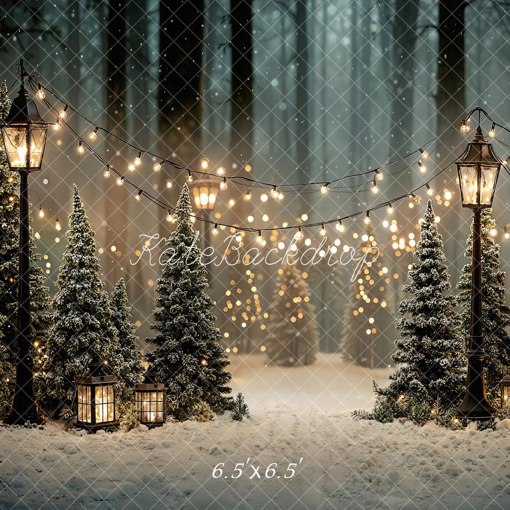 Kate Christmas Snowy Misty Forest Lantern String Lights Backdrop Designed by Emetselch