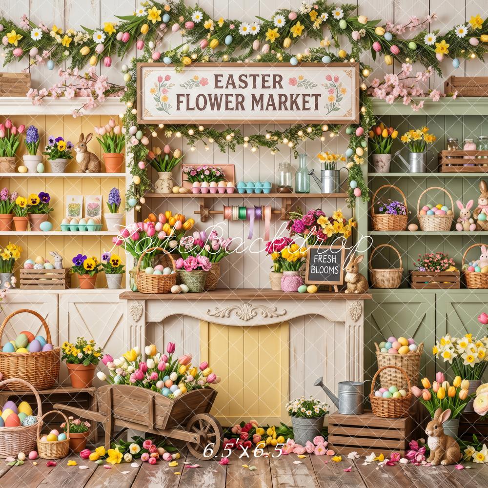 Kate Easter Flower Market Tulips Wood Shelf Eggs Printed Backdrop Designed by Patty Roberts