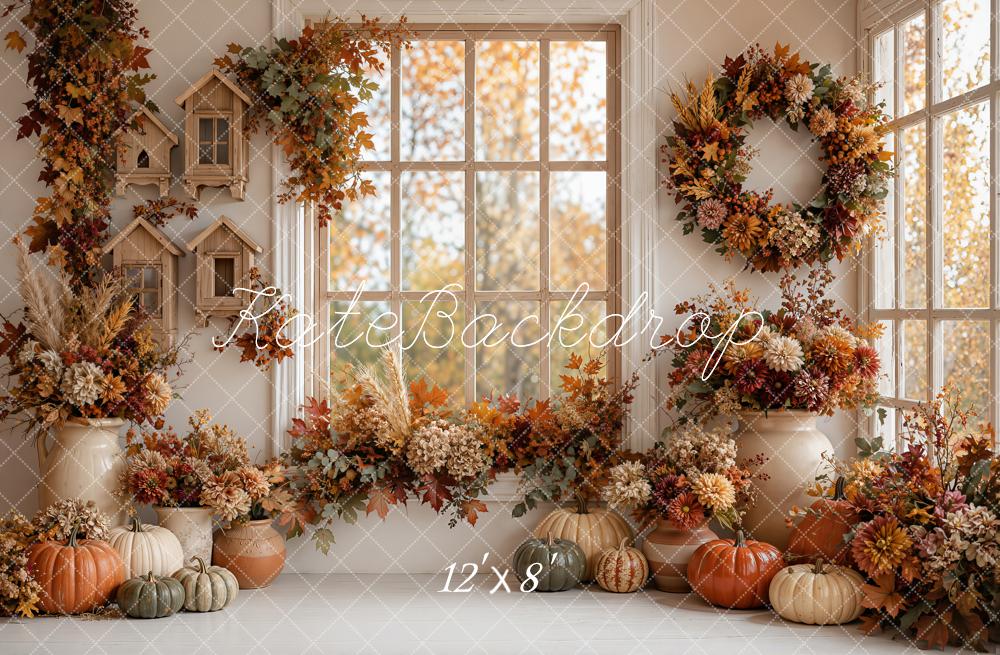 Kate Fall Cozy Interior Pumpkins Floral Window Wreath Printed Backdrop Designed by Emetselch
