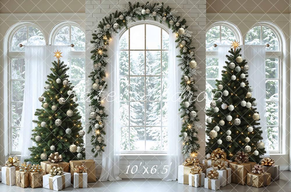 Kate Christmas Tree Arch Garland White Window Gifts Snowy Backdrop Designed by Mini MakeBelieve