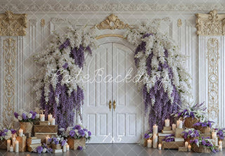 Kate Flower Arch Ornate White Door Purple Wisteria Printed Backdrop Designed by Mini MakeBelieve