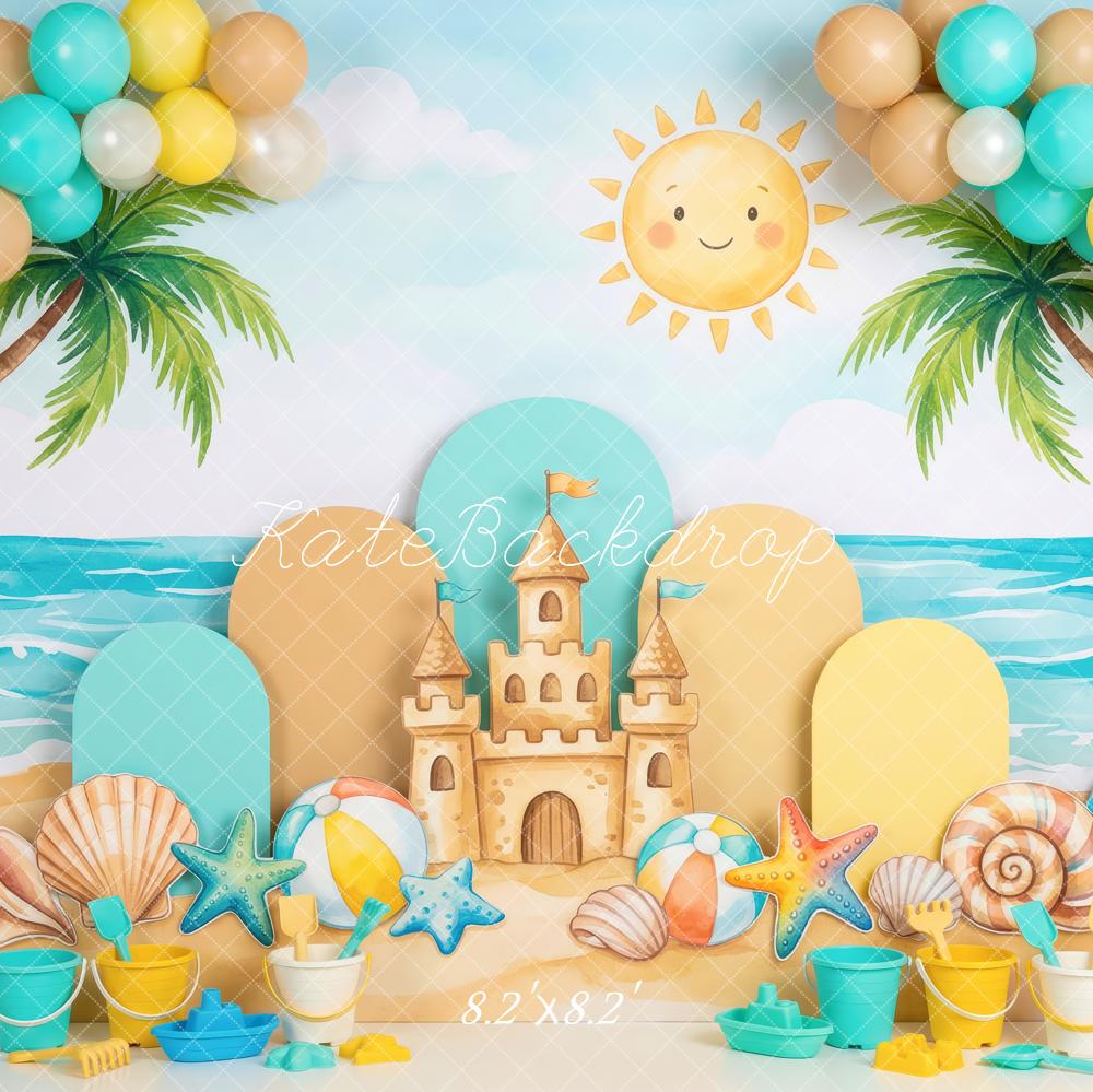 Kate Summer Beach Sandcastle Palm Trees Shells Balloons Printed Backdrop Designed by Patty Roberts