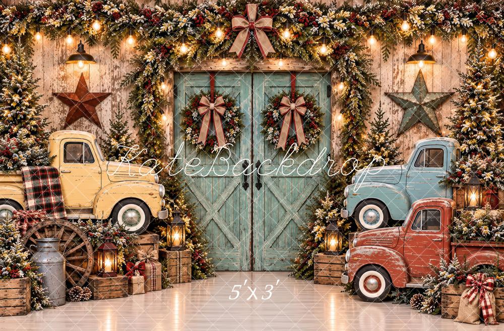 Lightning Deal Kate Christmas Vintage Trucks Barn Door Wreaths Garland Rustic Printed Backdrop Designed by Laura Bybee