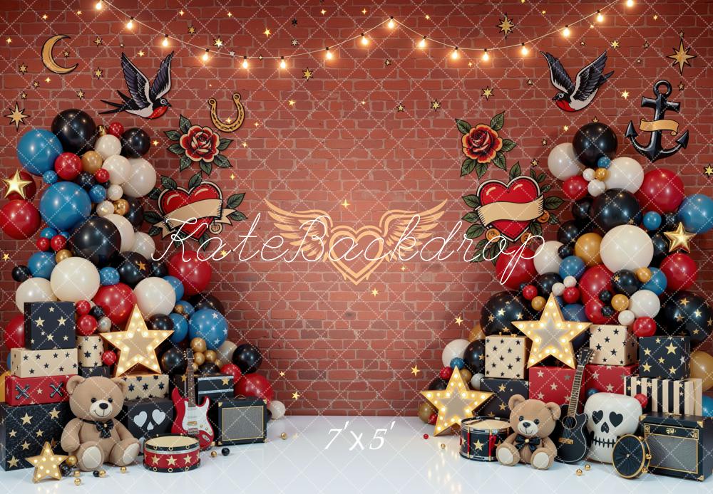 Kate Cake Smash Tattoo Rock and Roll Balloons Gifts Brick Wall Printed Backdrop Designed by Mini MakeBelieve