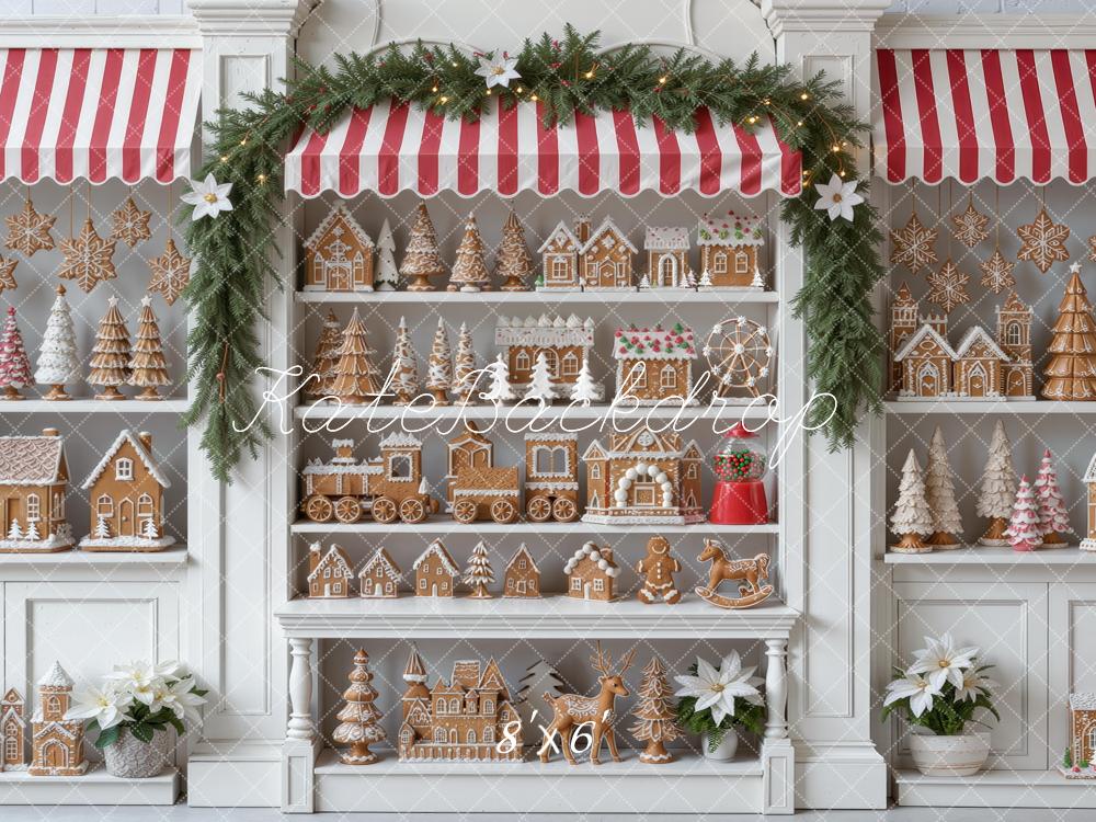 Kate Christmas Gingerbread Baking Storefront Cabinet Red Striped Awning Printed Backdrop Designed by Mini MakeBelieve