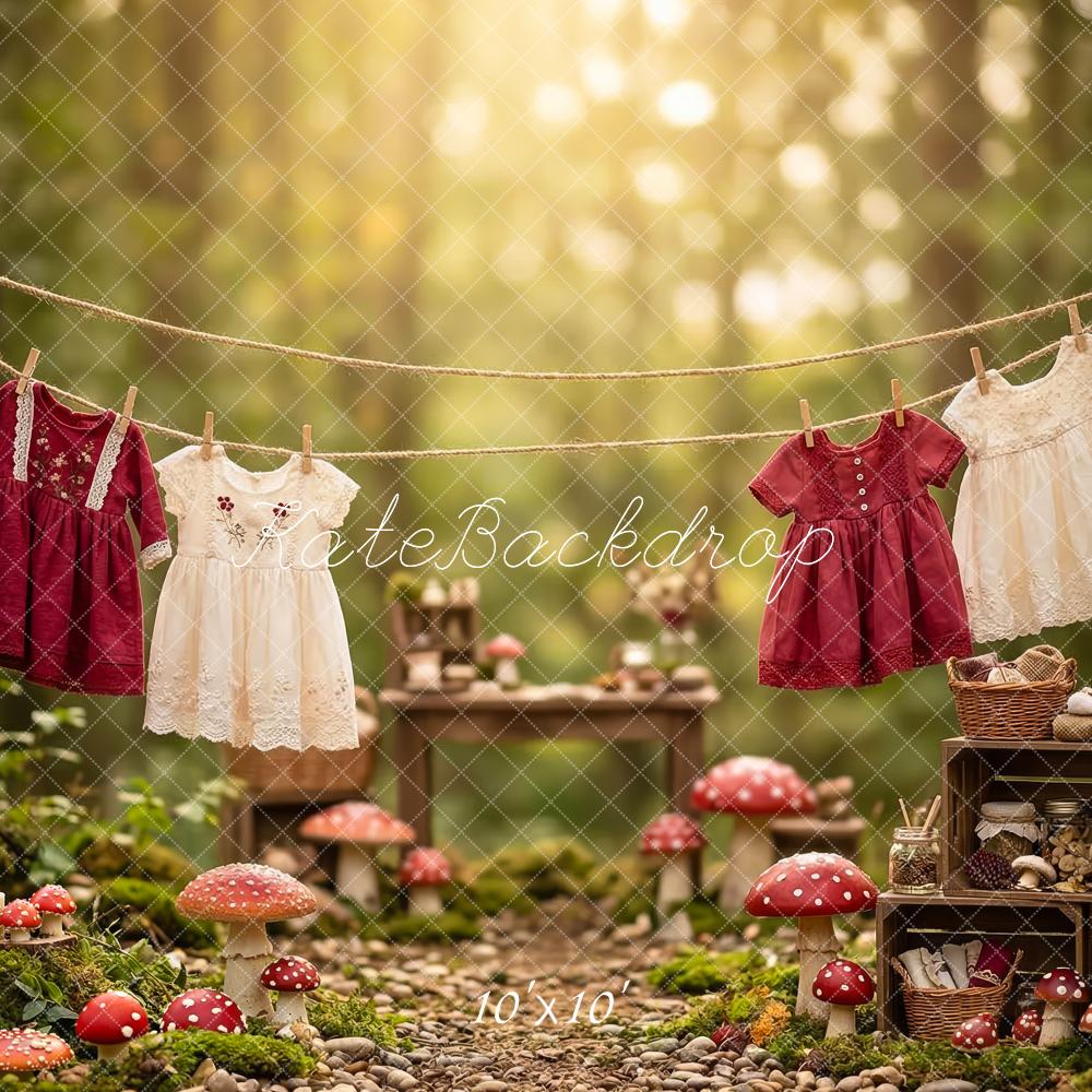 Kate Forest Clothesline Mushrooms Picnic Dress Printed Backdrop Designed by Patty Roberts