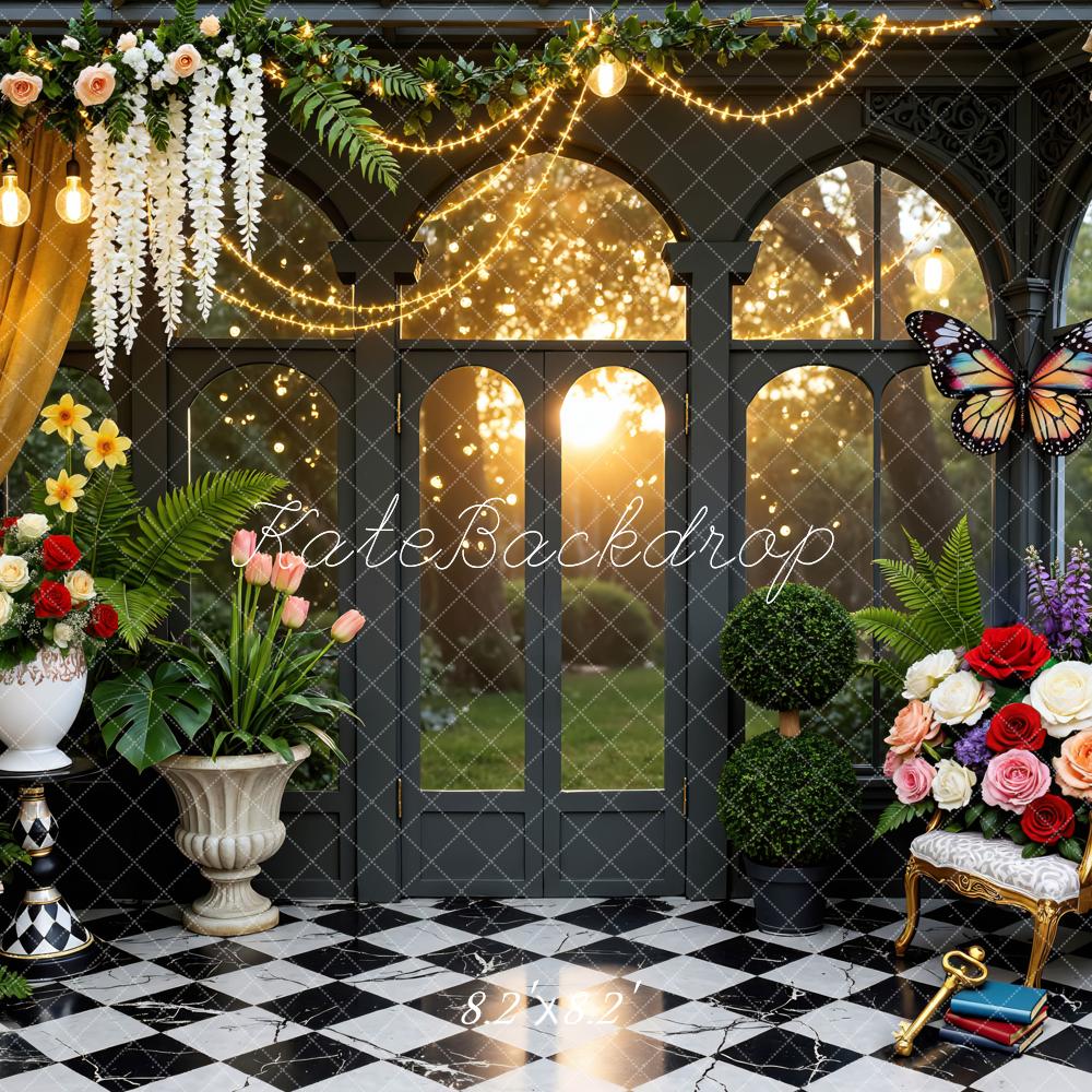 Kate Fantasy Garden Flowers Mushroom Butterfly Clock Backdrop Designed by Mini MakeBelieve