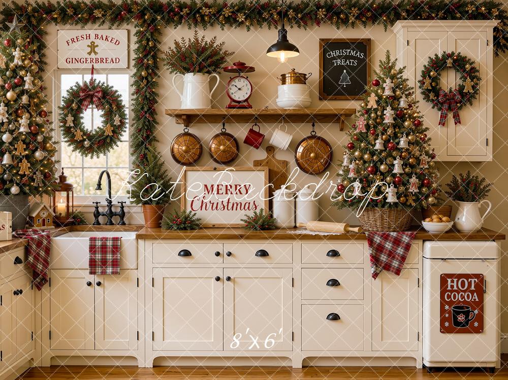 Kate Christmas Tree White Kitchen Cabinet Pan Baking Plaid Printed Backdrop Designed by Shutter Swan Studios