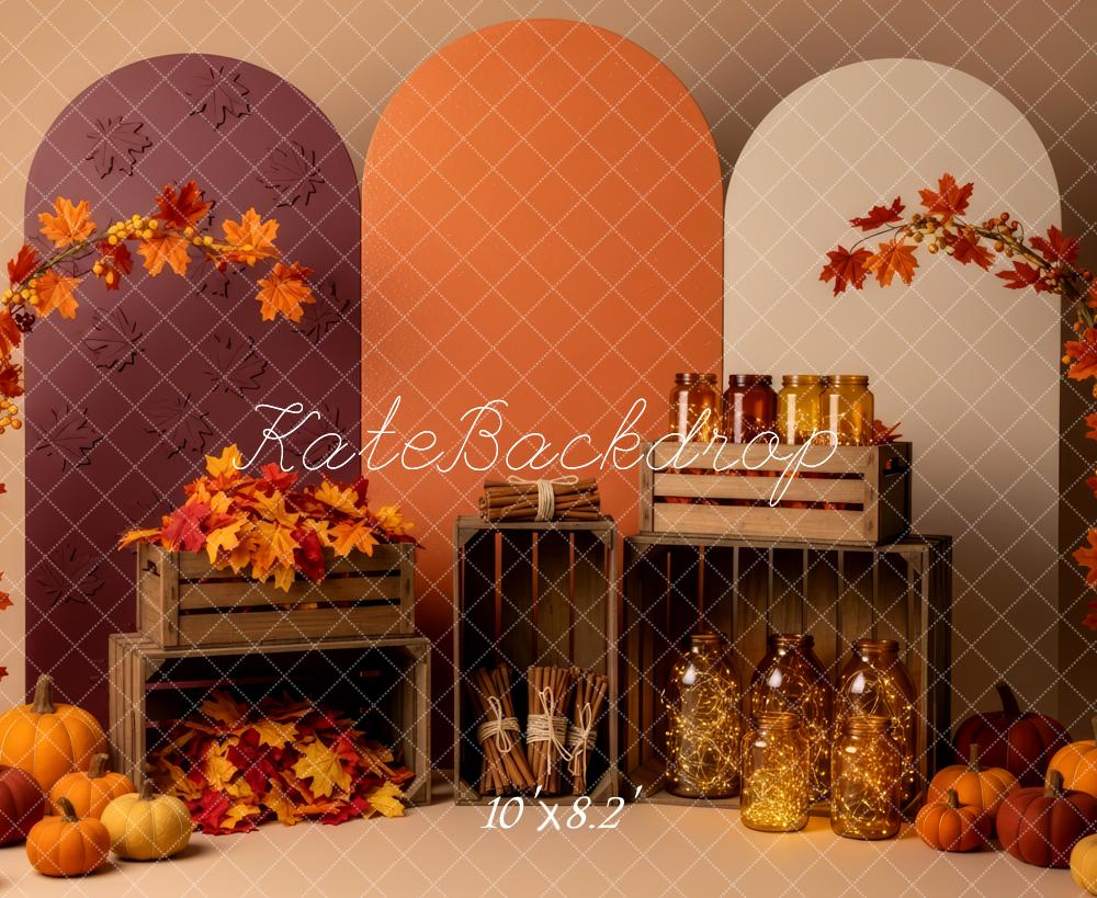 Kate Fall Pumpkins Crates Maple Leaves Arch Backdrop Designed by Patty Roberts