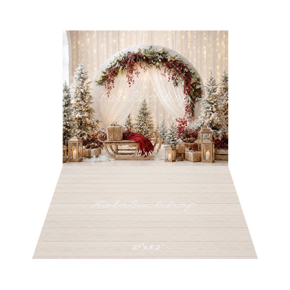 Kate Christmas Circle Arch Drapes Sleigh Trees Lanterns Printed Backdrop+Beige Wood Plank Floor Printed Backdrop