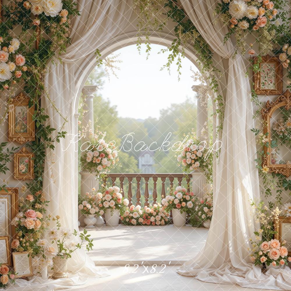 Kate Spring Elegant Drapes Flower Arch Ornate Terrace Printed Backdrop Designed by Mini MakeBelieve