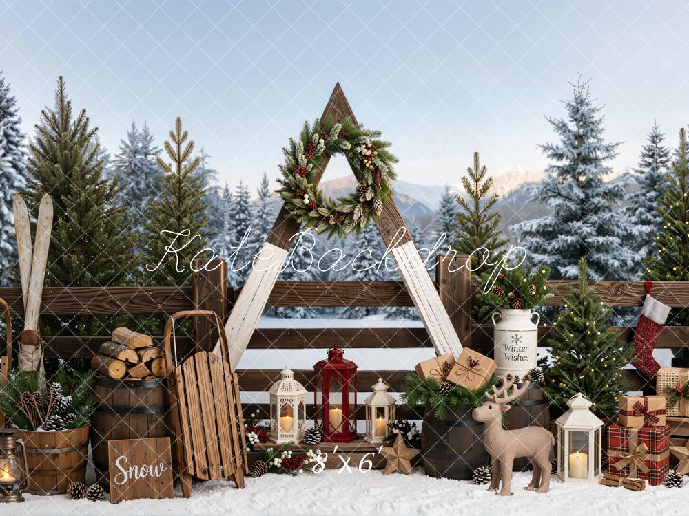 Kate Christmas Winter Outside Skis Sleds Wreath Snow Printed Backdrop Designed by Emetselch