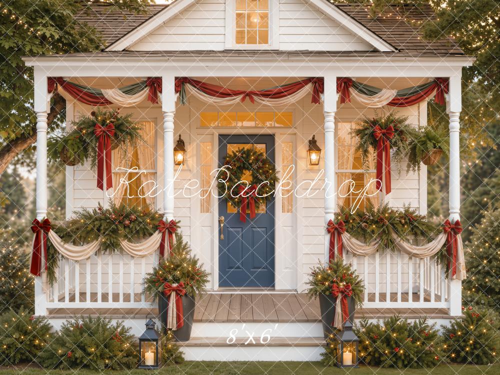 Kate Christmas Porch Garland Wreath Lantern Red Bows Printed Backdrop Designed by Emetselch