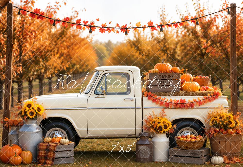 Kate Fall White Truck Pumpkins Sunflowers Maple Forest Printed Backdrop Designed by Emetselch