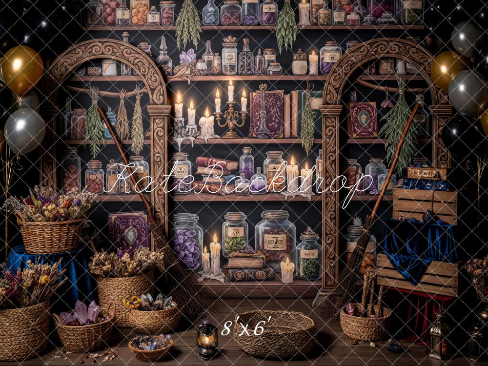 Kate Fantasy Potion Library Shelves Candles Baskets Brooms Backdrop Designed by Patty Roberts