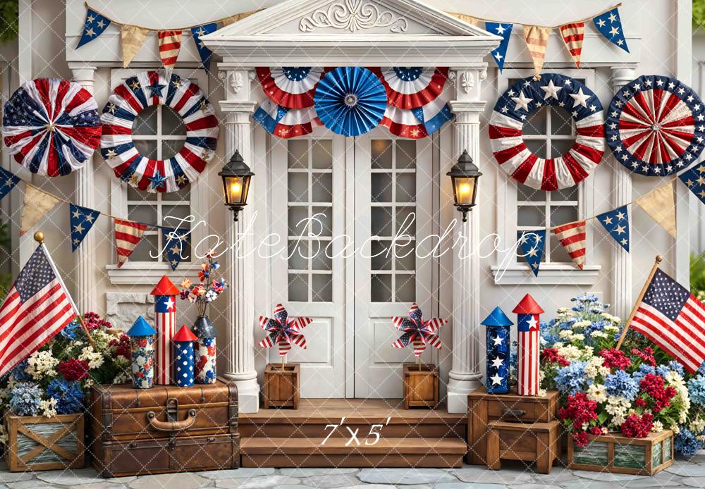 Kate Independence Day Porch Bunting Fireworks American Flags Flowers Printed Backdrop Designed by Mini MakeBelieve