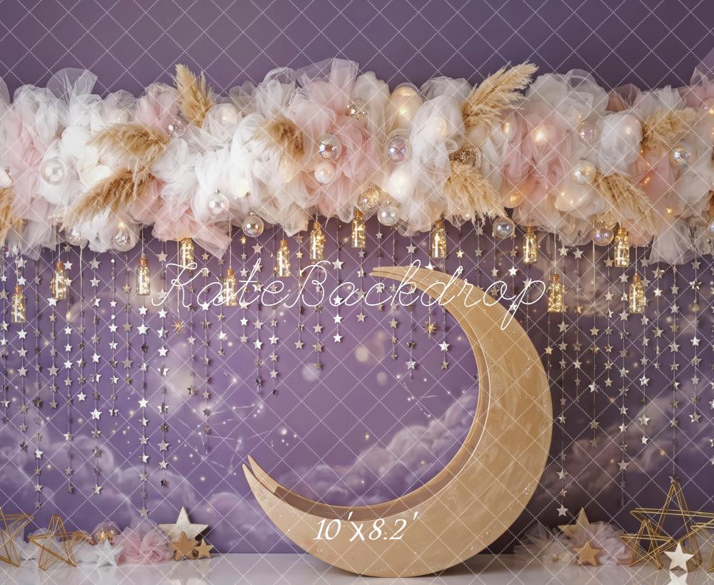 Kate Birthday Purple Celestial Crescent Moon Floral Arch Printed Backdrop Designed by Patty Roberts