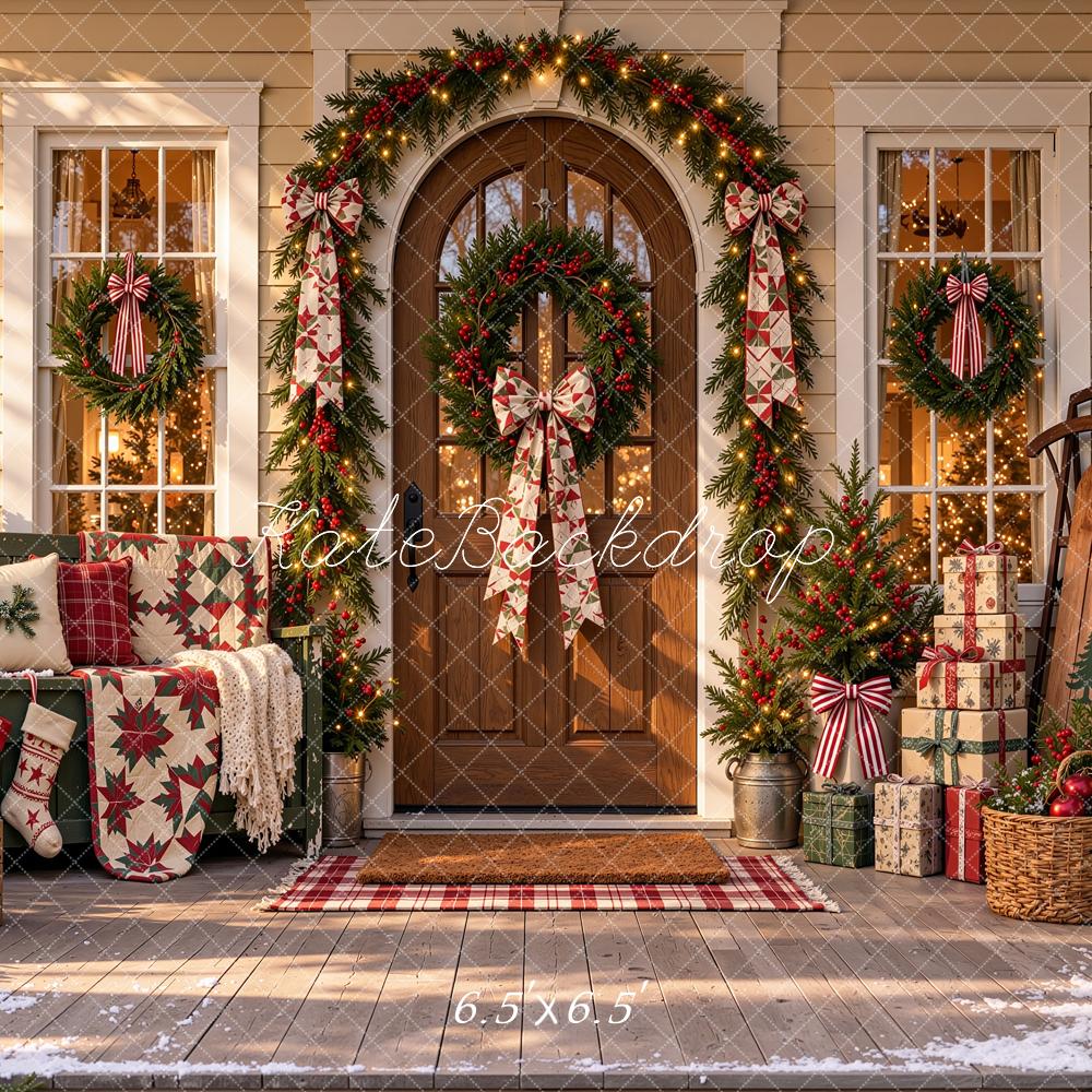Kate Christmas Farmhouse Porch Wreath Garland Sunlight Printed Backdrop Designed by Shutter Swan Studios