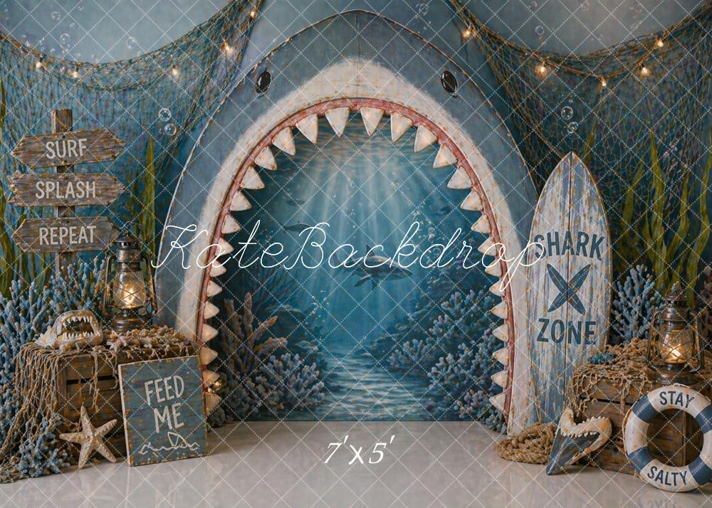Kate Nautical Shark Mouth Ocean Surfboard Blue Printed Backdrop Designed by Caitlin Lynch