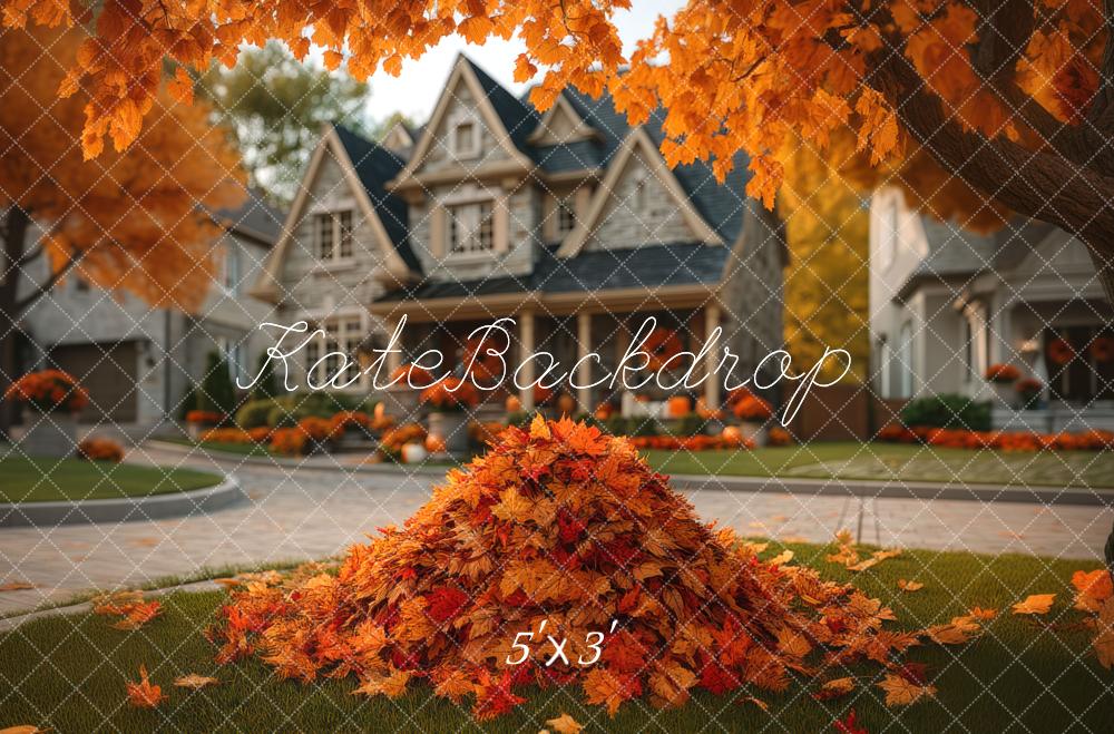 Kate Fall Orange Fallen Leaves Pile Front Yard House Backdrop Designed by Mini MakeBelieve