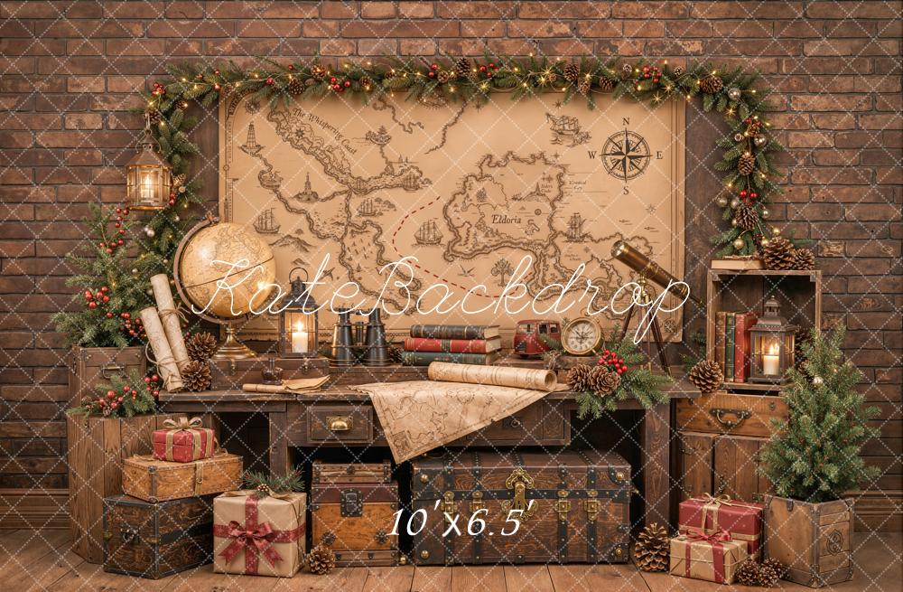 Kate Christmas Vintage Study Map Globe Garland Gifts Printed Backdrop Designed by Emetselch