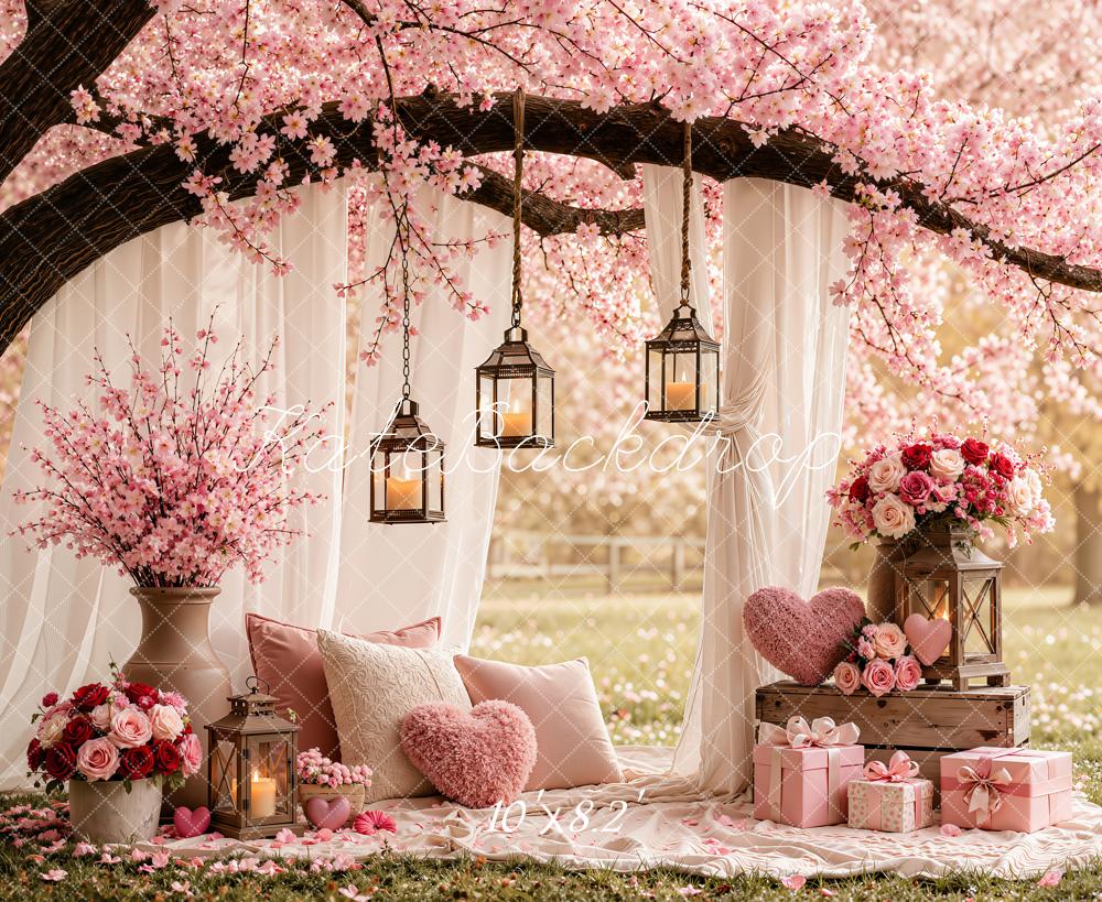 Kate Valentine's Day Cherry Blossom Branch Arch Drapes Hearts Pillow Printed Backdrop Designed by Emetselch