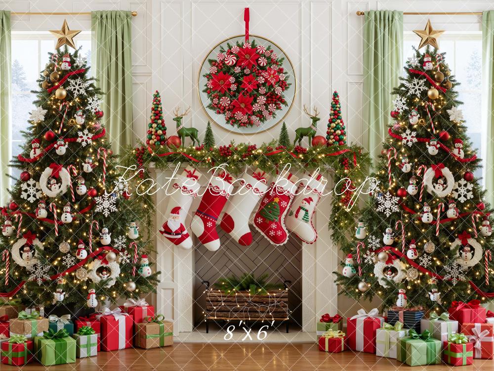 Kate Christmas Trees Snowman Fireplace Stockings Gifts Wreath Printed Backdrop Designed by Mini MakeBelieve