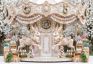 Kate Easter Bunny Carousel Pastel Eggs Printed Backdrop Designed by Mini MakeBelieve