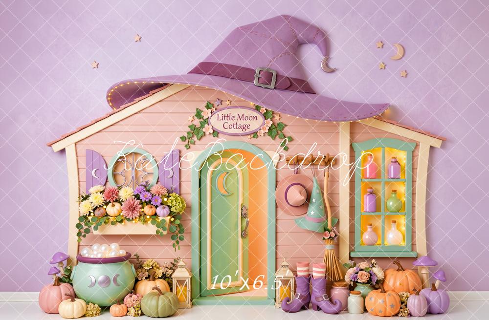 Kate Halloween Purple Witch Cottage Pumpkins Kids Printed Backdrop Designed by Patty Roberts