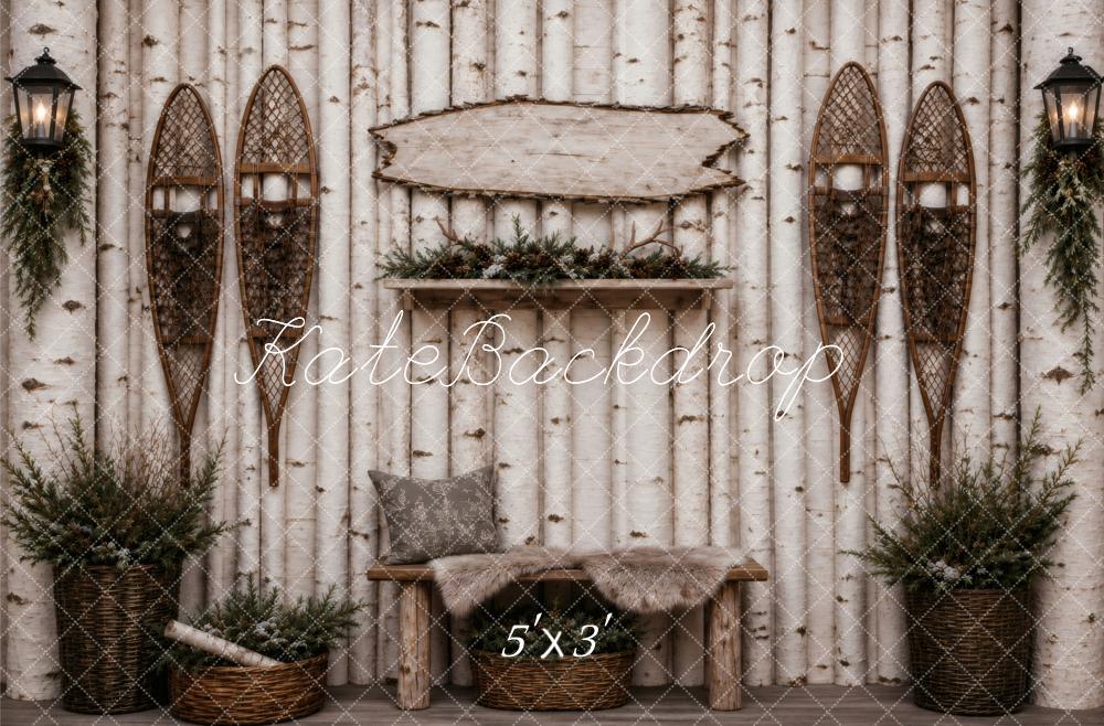 Kate Birch Log Wall Rustic Bench Snowshoes Printed Backdrop Designed by Vertigo Productions