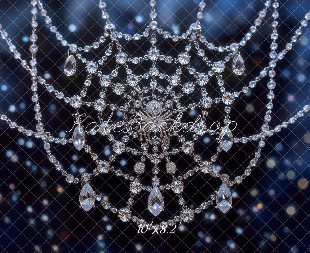 Kate Halloween Crystal Spider Web Blue Bokeh Backdrop Designed by Mini MakeBelieve