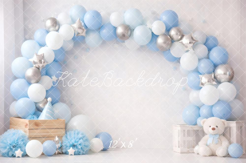 Kate Cake Smash Blue Balloon Arch Teddy Bear Crate Printed Backdrop Designed by Vertigo Productions