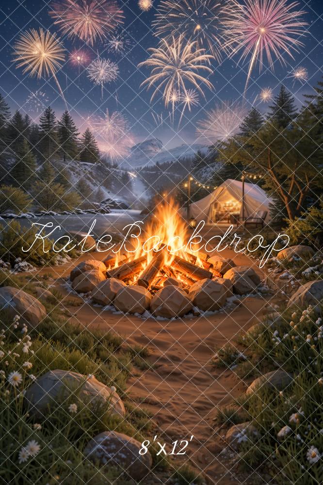 Kate Winter Fireworks Campfire Tent Mountain Camping Printed Backdrop Designed by Emetselch