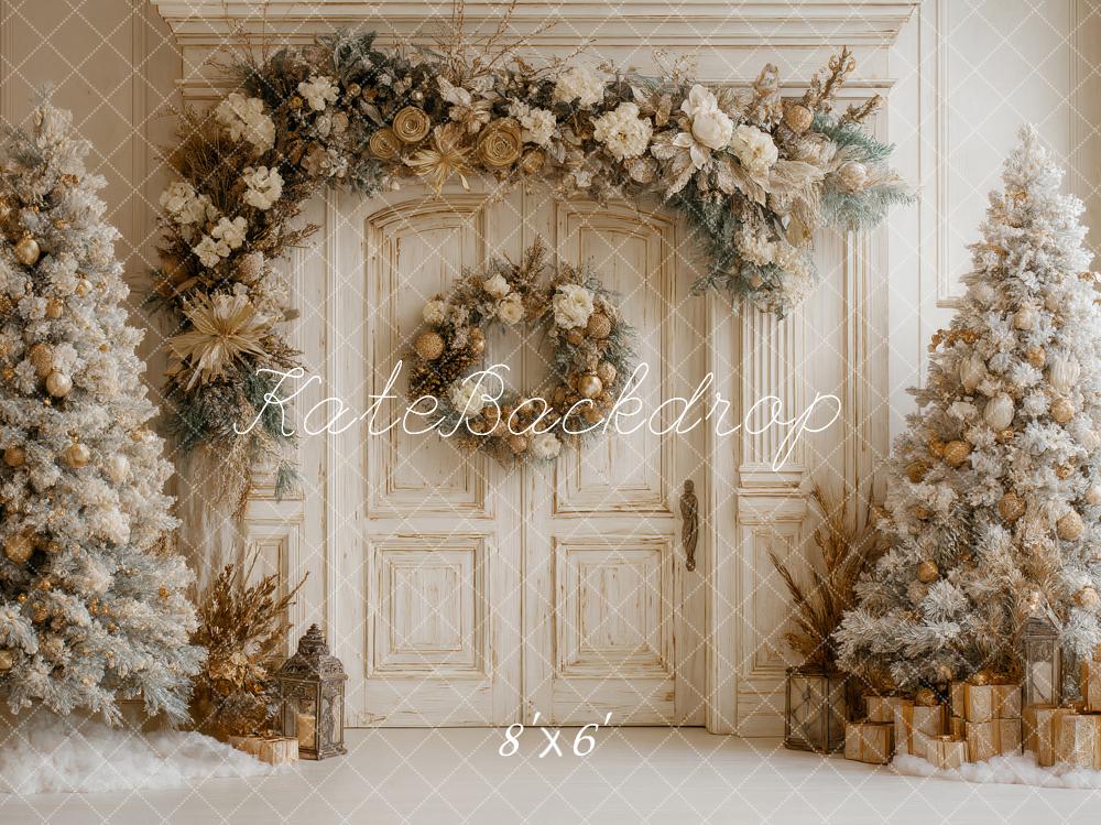 Kate Christmas Boho Gold White Trees Floral Door Backdrop Designed by Ashley Paul