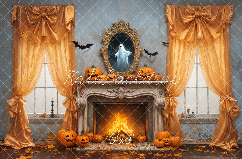 Kate Halloween Pumpkin Fireplace Bow Curtains Ghost Mirror Backdrop Designed by Emetselch